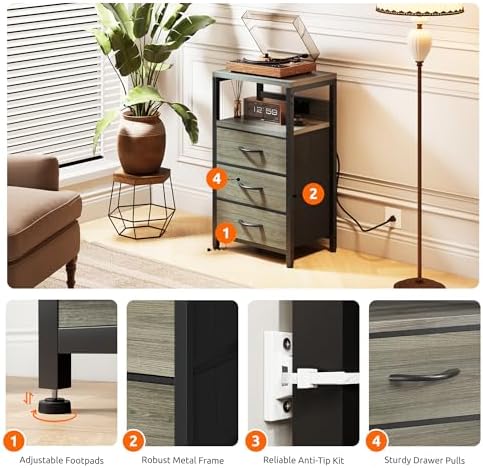 Lazzanto Night Stand with Charger Station, 3 Fabric Drawers, Grey - Image 7