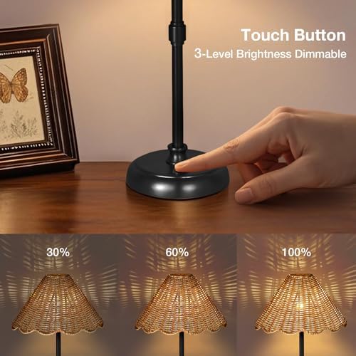 Cordless Boho Rattan Table Lamp Black, 5200-mAh Rechargeable Battery, 3-Level Brightness Dimmable, Build-in Integrated LED 320 Lumen Max, Rattan Shade, for Bedside Restaurant Dining Table - Image 4