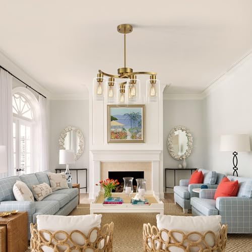 CNRATYE 6-Light Gold Chandeliers for Dining Room, Modern Kitchen Island Light Fixtures Over Table, Metal Hanging Pendant Lighting for Living Room Stairwell Entryway Bedroom, Clear Glass Shade - Image 4