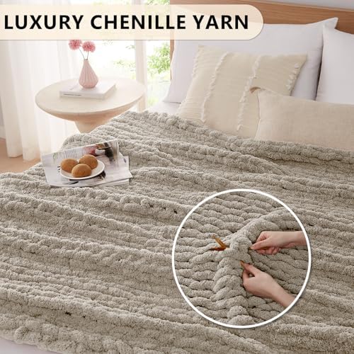 L'AGRATY Chunky Knit Throw Blanket for Couch, 60 x 80 Inches, Light Linen - Image 3