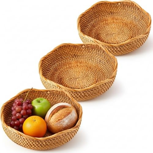 3 Pcs 10.2 Inch Scalloped Rattan Baskets Round Wicker Bowls by Unknown