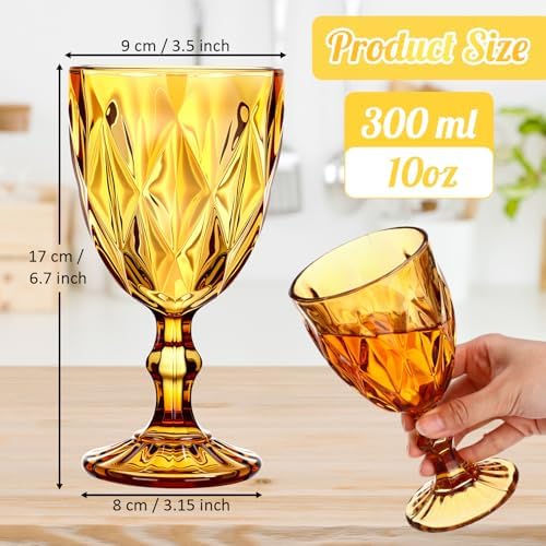 Yinder Glass Goblet Vintage Wine Goblet Embossed Glassware 10 oz Solid Color Glass Stemmed Cups for Iced Tea Beverage Soda Juice Water Liquor and Party Wedding Bars Restaurants(Amber,6 Pack) - Image 2