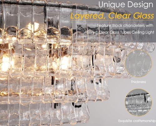 Large 65 Inch Black Rectangular Chandelier for Dining Room Modern, Clear Glass Drum Pendant Light, Extra Long Kitchen Island Lighting - Image 4