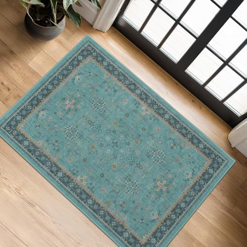 2x4 Washable Teal Throw Rugs for Entryway Indoor - Washable Non Slip Kitchen Rug, Boho Floral Small Carpet for Bathroom, Powder Room, Non Slip Low Pile Stain & Fade Resistant Indoor Décor by HazoHaus