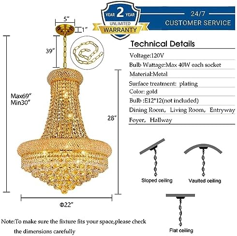 Gold Crystal Chandeliers for Dining Room，12-Lights D22 Inch - Image 4