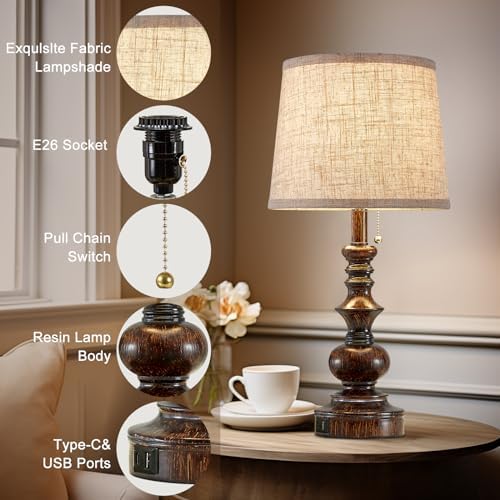 Drawealth 22'' Farmhouse Bedside Table Lamps Set of 2 for Bedroom Nightstand Lamps with USB A+C Charging Ports Traditional Small Table Lamp for Living Room End Tables,Pull Chain,Bulbs Not Included - Image 7