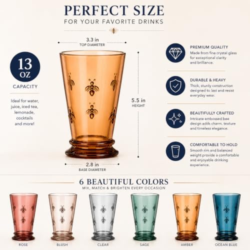 French Bee Highball Glasses | Set Of 6 | Colored Drinking Glass 13 OZ, Old Fashioned Glasses with Bees Embossed Design, Fine Crystal French Glassware, Drinking Glasses, Heavy Water & Juice Glasses - Image 6