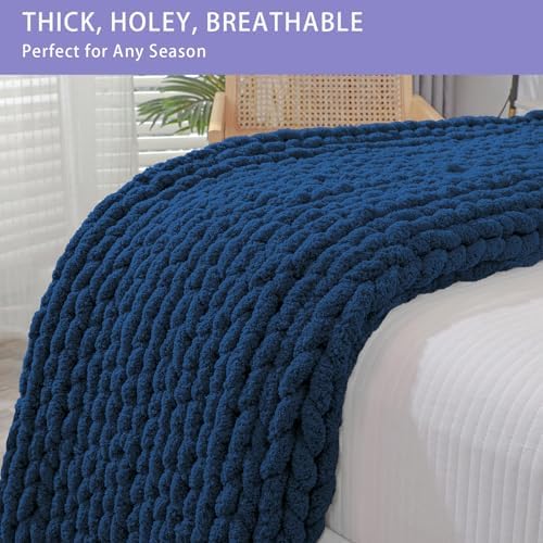 Bigacogo Chunky Knit Throw Blanket for Couch, 40x60 inches, Navy Blue - Image 4