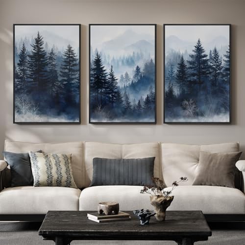 Framed Blue Foggy Forest Mountain Wall Art for Living Room, 3 Piece, 24x36 by Cuspin