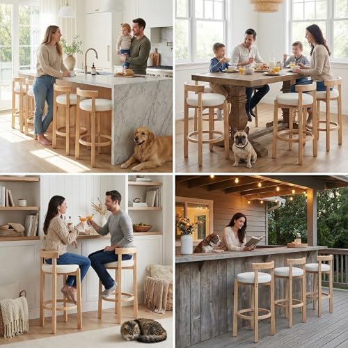LukeAlon Mid Century Sherpa Bar Stools Set of 2, 30.25" Seat Height Upholstered Barstools with Wood Legs Modern Tall Bar Chair with Curved Low Back Round Footrest for Pub Home Kitchen Island, White - Image 6