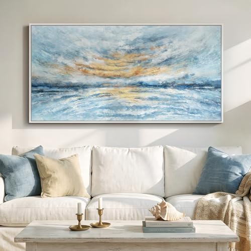 Large Framed Coastal Abstract Wall Art for Living Room, Horizontal 30x60 In by Cuspin