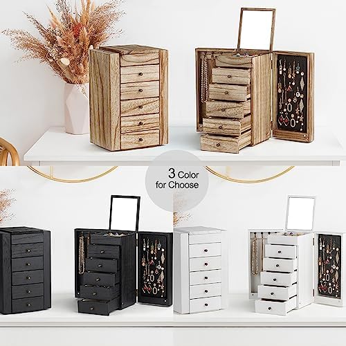 Meangood Jewelry Box Wood for Women, 6-Layer Large Organizer Box with Mirror & 5 Drawers for Rings, Earrings, Necklaces, Vintage Style, Torched Wood - Image 4