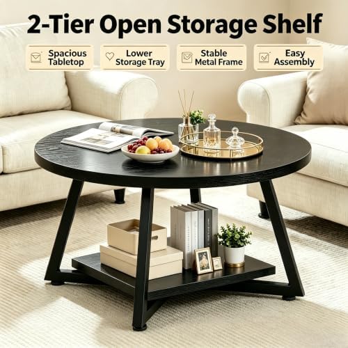 Coffee Tables for Living Room, 27.6" Round Coffee Table, Black Coffee Table - Image 4