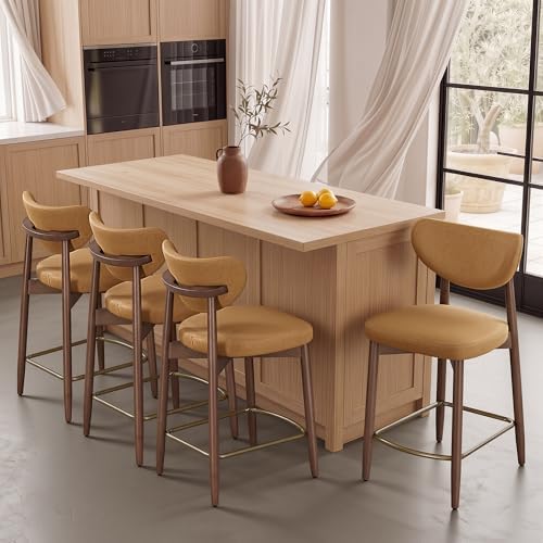VASAGLE Wooden Bar Stools Set of 4, Synthetic Leather, Caramel Brown by VASAGLEbySONGMICSHOME