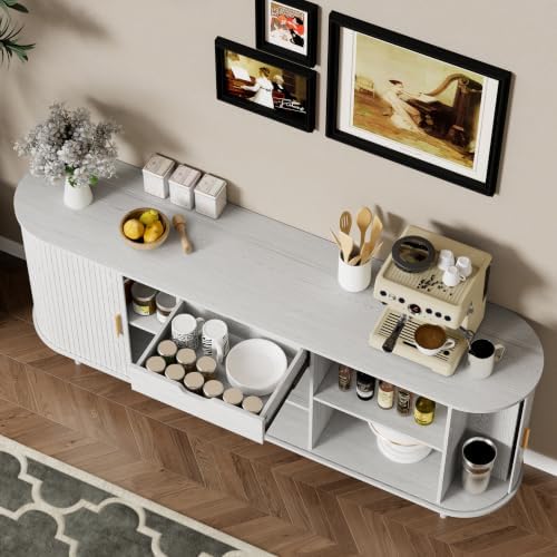 71" Sideboard Buffet Cabinet with Storage,Large Credenza with Sliding Doors and 1 Drawer,Mid Century Modern Coffee Bar Cabinet with Adjustable Shelves for Dining Room, Kitchen, Living Room (White) - Image 7