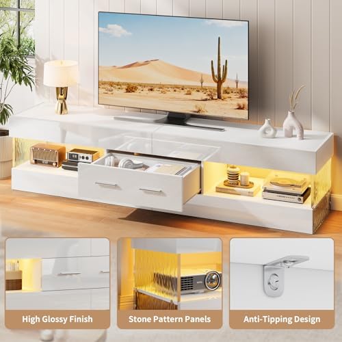 Bestier 67" Modern TV Stand for 75 Inch TV, LED Entertainment Center, White - Image 4