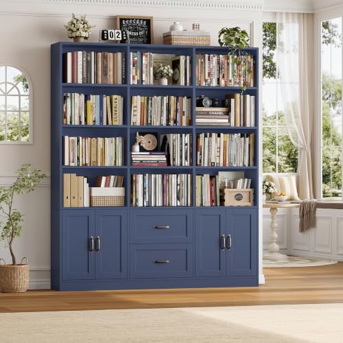 HOSTACK 71" Tall Triple Wide Bookshelf with Storage Drawers & Doors, Blue - Image 5