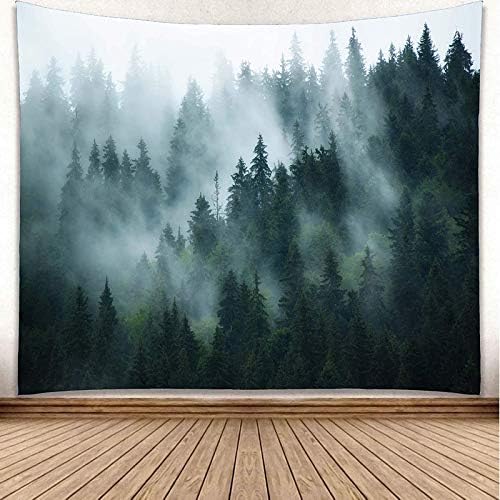 Green Foggy Wall Tapestry W80"xL60", Forest Themed Twilight Decorations by YISURE