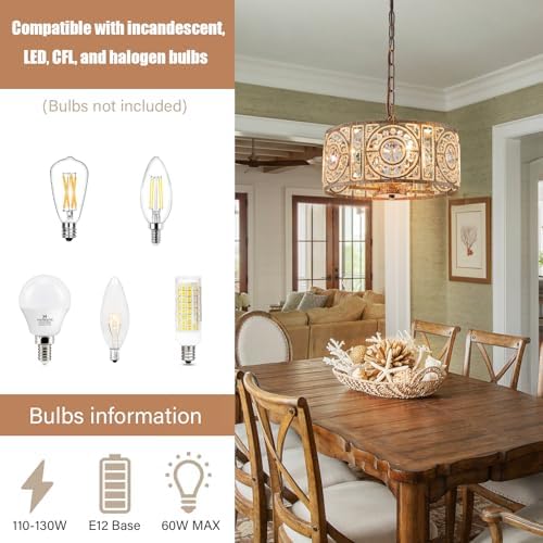 Bronze Vintage Crystal Chandeliers for Dining Room 14.17" Drum Pendant Lights, Dining Room Light Fixtures Over Table, Hanging Chandelier for High Ceiling Kitchen Island Living Room Foyer - Image 4