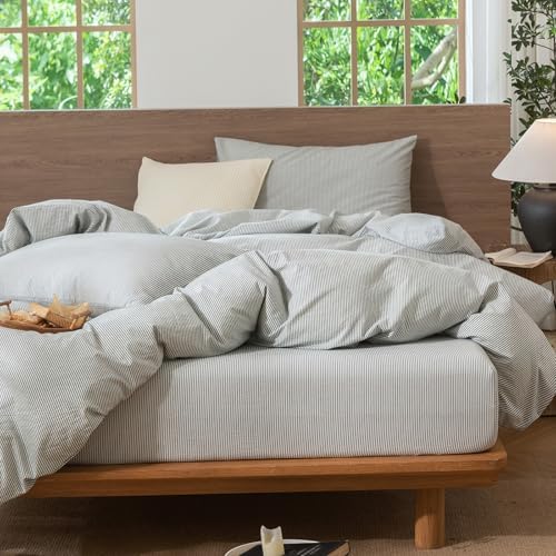 MooMee Striped Duvet Cover Set 100% Washed Cotton Linen Like Queen - Image 4