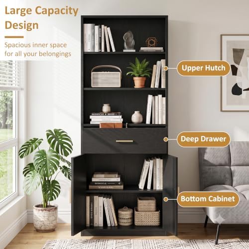 Shintenchi Bookshelf,6-Tier Bookcase with 1 Drawer & 1 Cabinet, 6 Shelf Display Storage Shelves Floor Standing 70.6 inches Tall Bookcase for Home Office, Living Room (Black) - Image 4