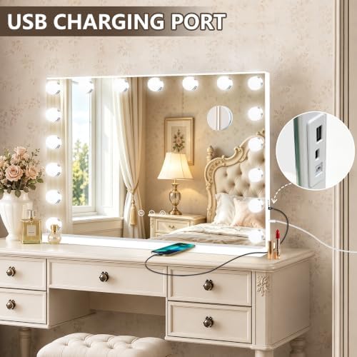 Ratsamee Hollywood Vanity Mirror with Lights, 17 Dimmable Bulbs, 3 Color Lights,Make Up Lighted Mirror, Aluminum Metal Frame, USB Charging Port（28" x 20"） - Image 5