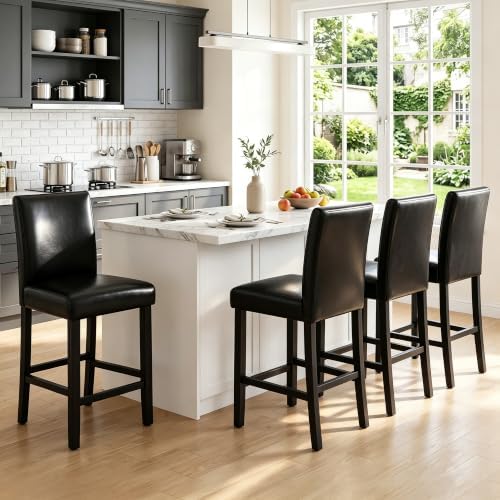 LSSPAID Counter Height Bar Stools Set of 4, 25 Inch Upholstered PU Leather Barstools, Modern Kitchen Island Chairs with Backrest and Solid Wood Legs, Black by LSSPAID