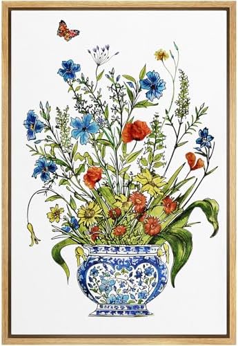 NWT Framed Canvas Print Wall Art Colorful Wildflowers in Decorative Vase Illustrations Modern Art Decorative Landscape Rustic Zen Colorful for Living Room, Bedroom, Office - 16"x24" Natural by NWT