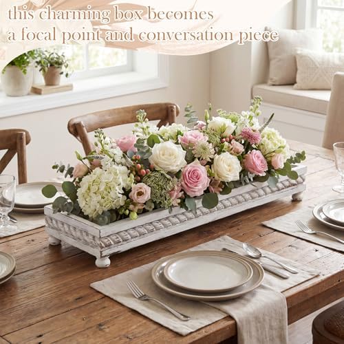 AceOrbit Large Long Wooden Dough Bowl, Spring Decorative Wooden Tables Centerpiece Tray, Riser Rustic Dough Bowl, Farmhouse Centerpiece Tray for Table Living Room Dining Gift (24",White) - Image 2