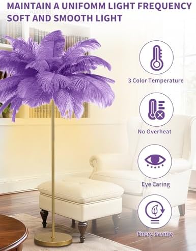 Feather Floor Lamp,Fluffy Ostrich Feather Floor Lamp for Bedroom,3 Color Temperatures Led Corner Modern Floor Lamps for Living Room Christmas Home Decor House Warming Gifts,63″ Height (Light Purple) - Image 5
