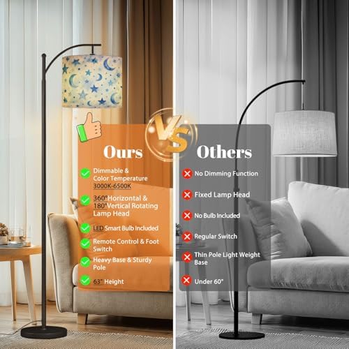Arc Floor Lamp Blue Starry Sky Crescent Moons Dots Watercolor Style Dimmable Modern Standing Lamp with Remote Adjustable Drum Shade Footswitch Tall Pole Lamp for Living Room Bedroom - Image 7