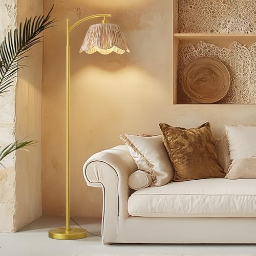 Oneach Arc Floor Lamp for Living Room,Rattan Boho Floor Lamp Decor with Hand-Woven Shade, Foot Switch,Gold Metal Base & Pole,Farmhouse Standing Lamp for Bedroom Corner,Reading - Image 2