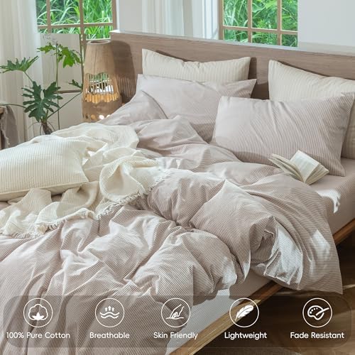 MooMee Striped Duvet Cover Set 100% Washed Cotton Linen Like Full - Image 4