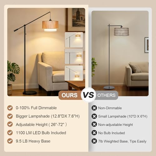 【Upgraded】Boho Dimmable Floor Lamps with Adjustable Swing Arm, 1100 Lumens Bulb Included, Modern Standing Lamp with Rattan & Fabric Shades, Farmhouse Tall Arc Floor Lamp for Living Room Bedroom, Black - Image 2