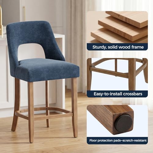UVV Bar Stools Set of 6, Upholstered Counter Height Bar Stools, Modern Counter Stools with Wood Legs for Kitchen Island Dining Room Bar, Navy Blue - Image 6