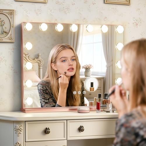 Ratsamee Rose Gold Hollywood Vanity Mirror with Lights, 15 Dimmable Bulbs, 3 Color Lights,Make Up Lighted Mirror, Aluminum Metal Frame, USB Charging Port（23" x 18"） - Image 2