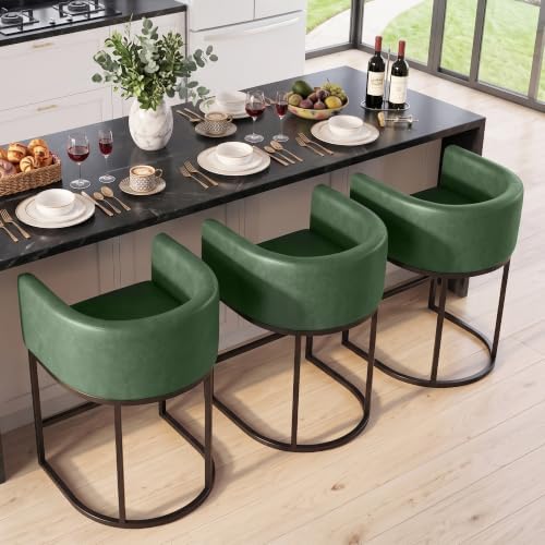 Counter Height Bar Stools Set of 3, Modern Counter Stools for Dining Room, 24 Inch Barstools for Kitchen Island, Faux Leather Bar Stool with Metal Legs and Back Footrest, Green by KRAMZMINGQualityHome