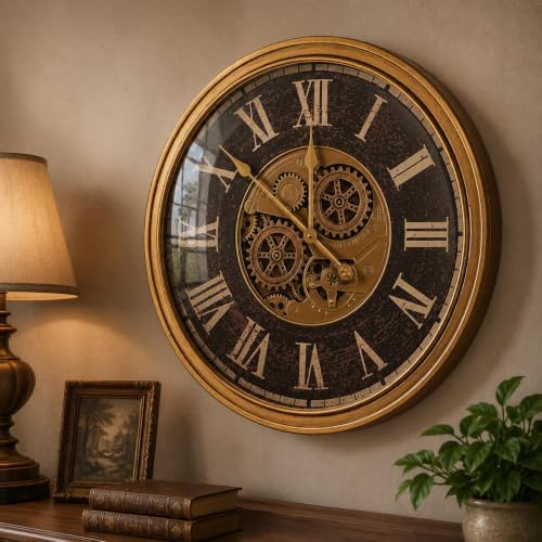 Large Real Moving Gears Wall Clock 24 Inch,Roman Antique Brass Brown by Buy+now