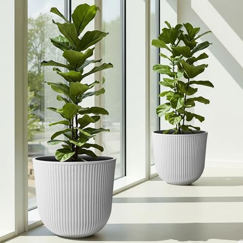 Worth Garden Plastic Round Large Planters, Set of 2 White Plant Pots - Image 2
