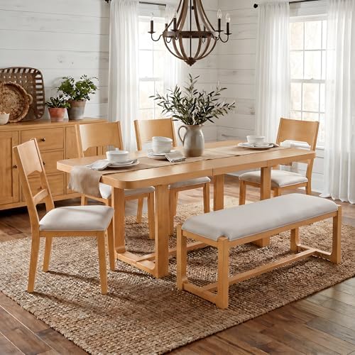 VilroCaz 6-Piece Acacia Wood Dining Table Set, Extendable Rectangular Dining Table with 4 Upholstered Dining Chairs& Bench, Reinforced Stretcher Base for Kitchen and Dining Room (Natural/Beige) - Image 2