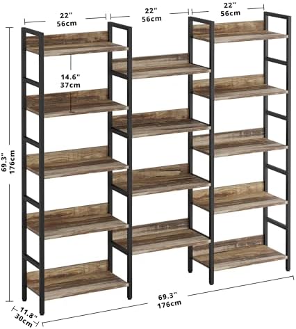 IRONCK Triple Wide 5-Tier Bookshelf with Metal Frame, Industrial Brown - Image 3
