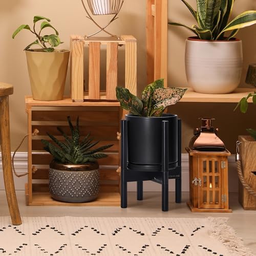 D'vine Dev Ceramic Pot with Ebony Wood Stand, Black, 8 in, 55-B-M-2 - Image 6