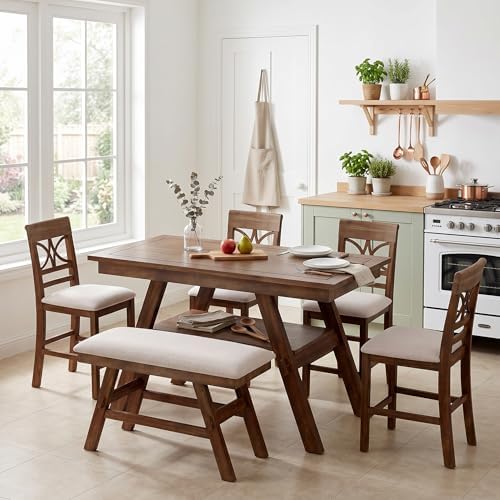 Heavy Solid Wood 6-Piece Counter Height Dining Table Set, Farmhouse Rustic Kitchen Dining Room Table Set with Padded 4 Chairs and Bench, 60 In Triangular Table with Storage Shelf (Walnut-T) - Image 2