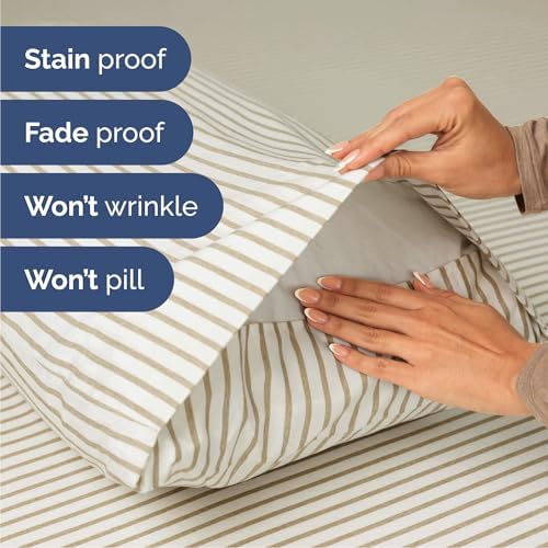 Queen Size 4 Piece Sheet Set - Breathable & Cooling Sheets - Beige Stripes - Image 5
