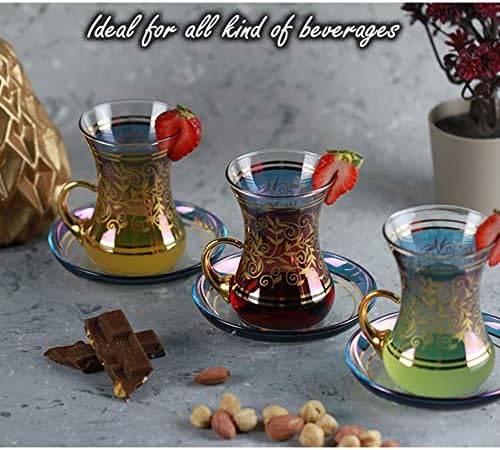 Vintage Turkish Tea Glasses Cups and Saucers Set of 6 Handle Drinkware Drink Bar Fancy Teapots Serving Glassware Drinking Kitchen Women Moroccan Persian Teacups Party Art Deco - Image 4