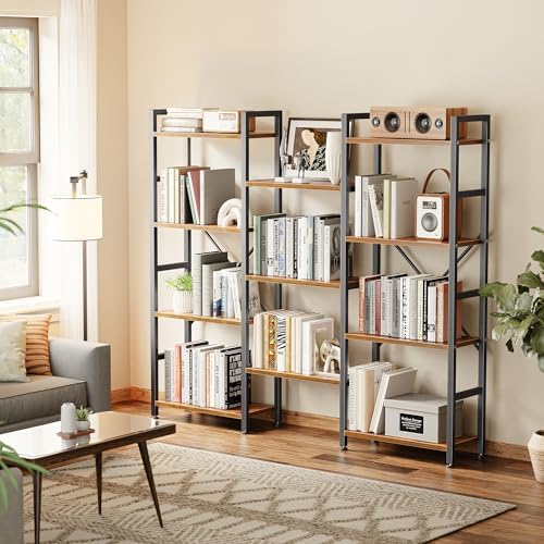 SUPERJARE Triple Bookshelf, Bookcase with 11 Open Display Shelves, Wide Book Shelf Book Case for Home & Office, 4 Tier, Brown - Image 2
