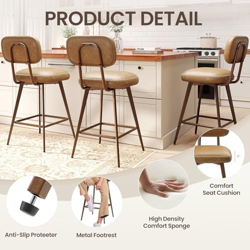MALOL 26“ Swivel Bar Stools Set of 4, Mid Century PU Leather Counter Height Bar Chairs with Low Back and Metal Legs, Modern Bar Stool Chair for Kitchen Island, Brown - Image 4