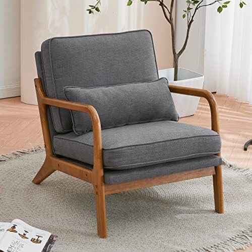 Bonnlo Linen Dark Grey Accent Chairs Set of 2, Upholstered Mid Century Modern Lounge Chairs Reading Chairs Side Sitting Chair Solid Wood Farmhouse Armchairs for Living Room, Bedroom, Guest Room - Image 5