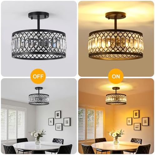 CNRATYE 12.6" Crystal Semi Flush Mount Ceiling Light Fixture, 3-Light Antique Black Hallway Light Fixtures, Round Chandelier for Bathroom Entryway Closet Bedroom Kitchen Dining Room - Image 5