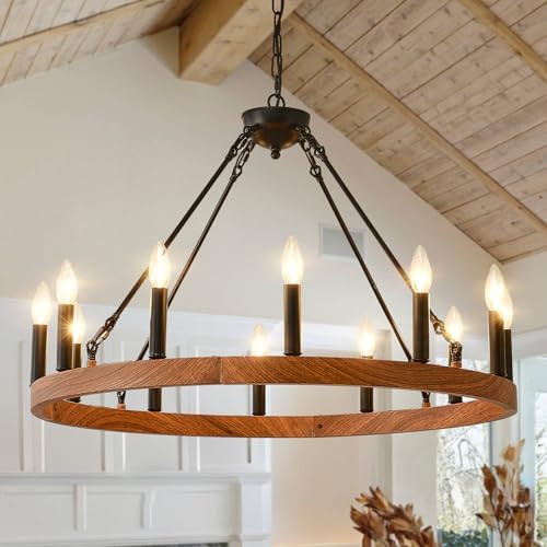 Wood-Grain Wagon Wheel Chandelier 32-Inch Modern Farmhouse Chandelier by VBKKLighting
